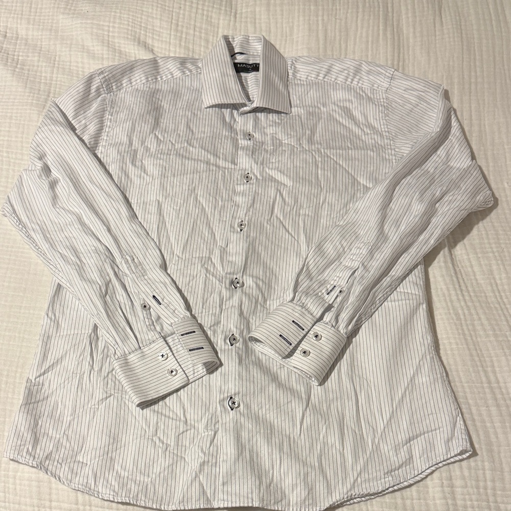 Mens Masutto White & Light Gray Pinstripe Dress Shirt 100% Cotton, sz M